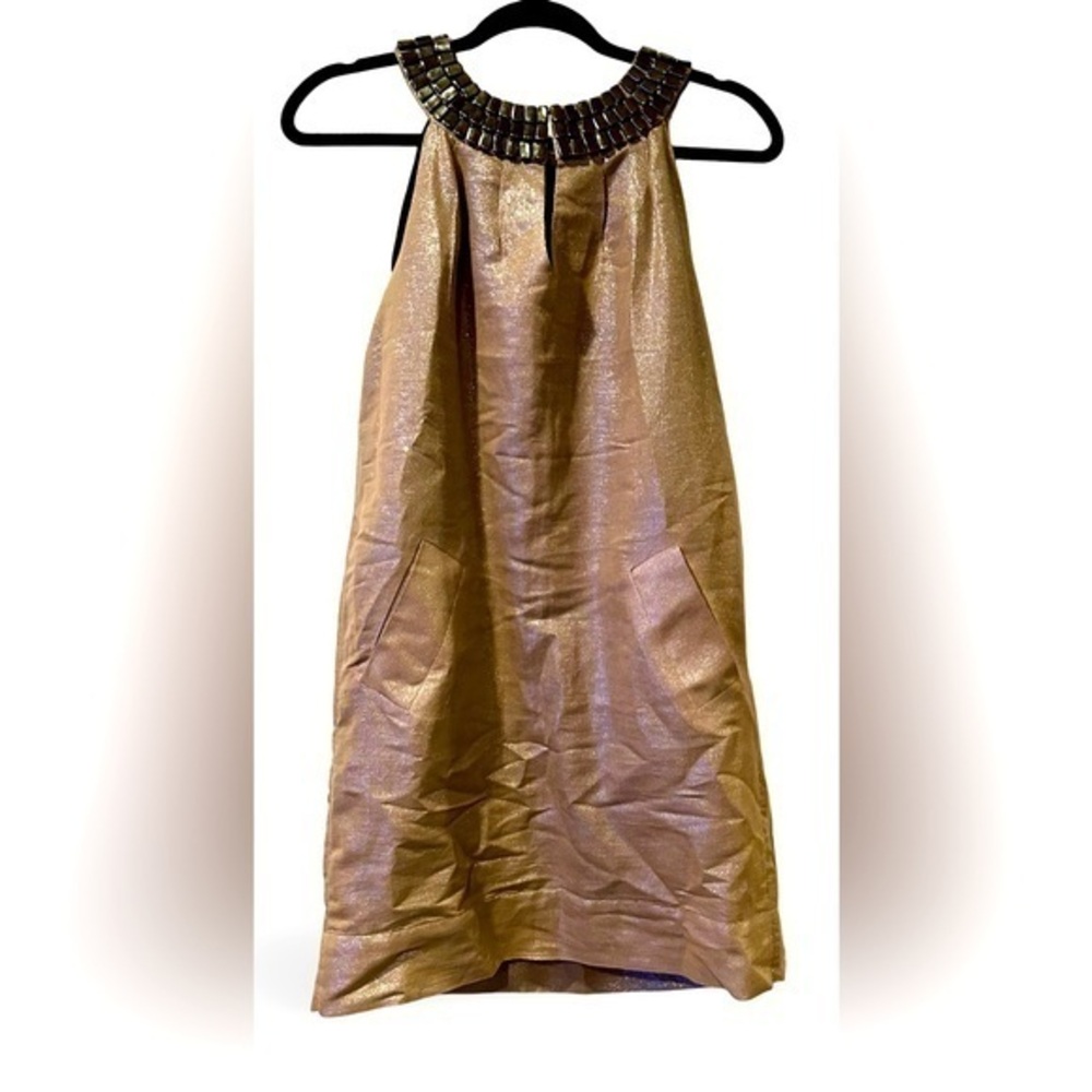 WALTER SIZE 6 🍒CHAMPAGNE GOLD JEWEL COLLARED SILK DRESS FULLY LINED CLASP FRONT